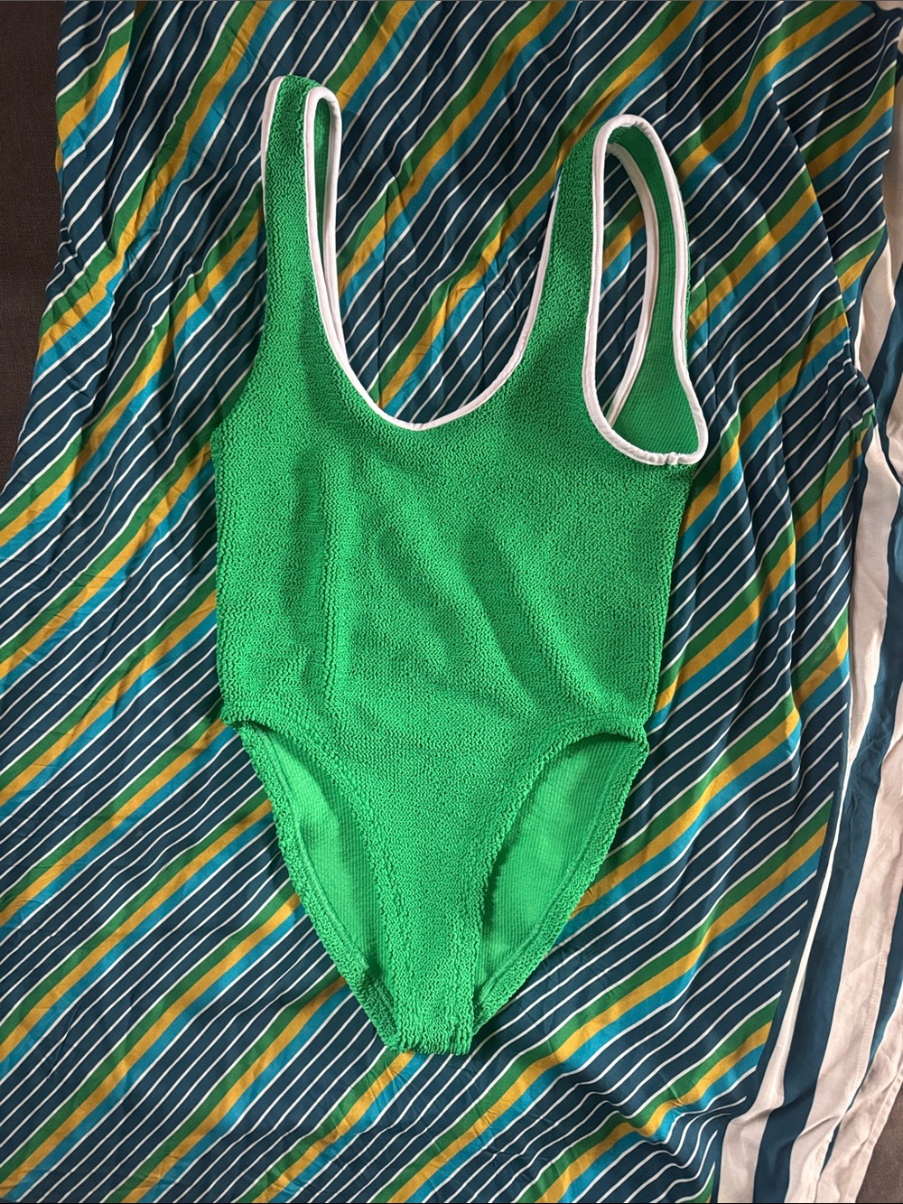 Hunza G Green Textured One-Piece Swimsuit with White Trim